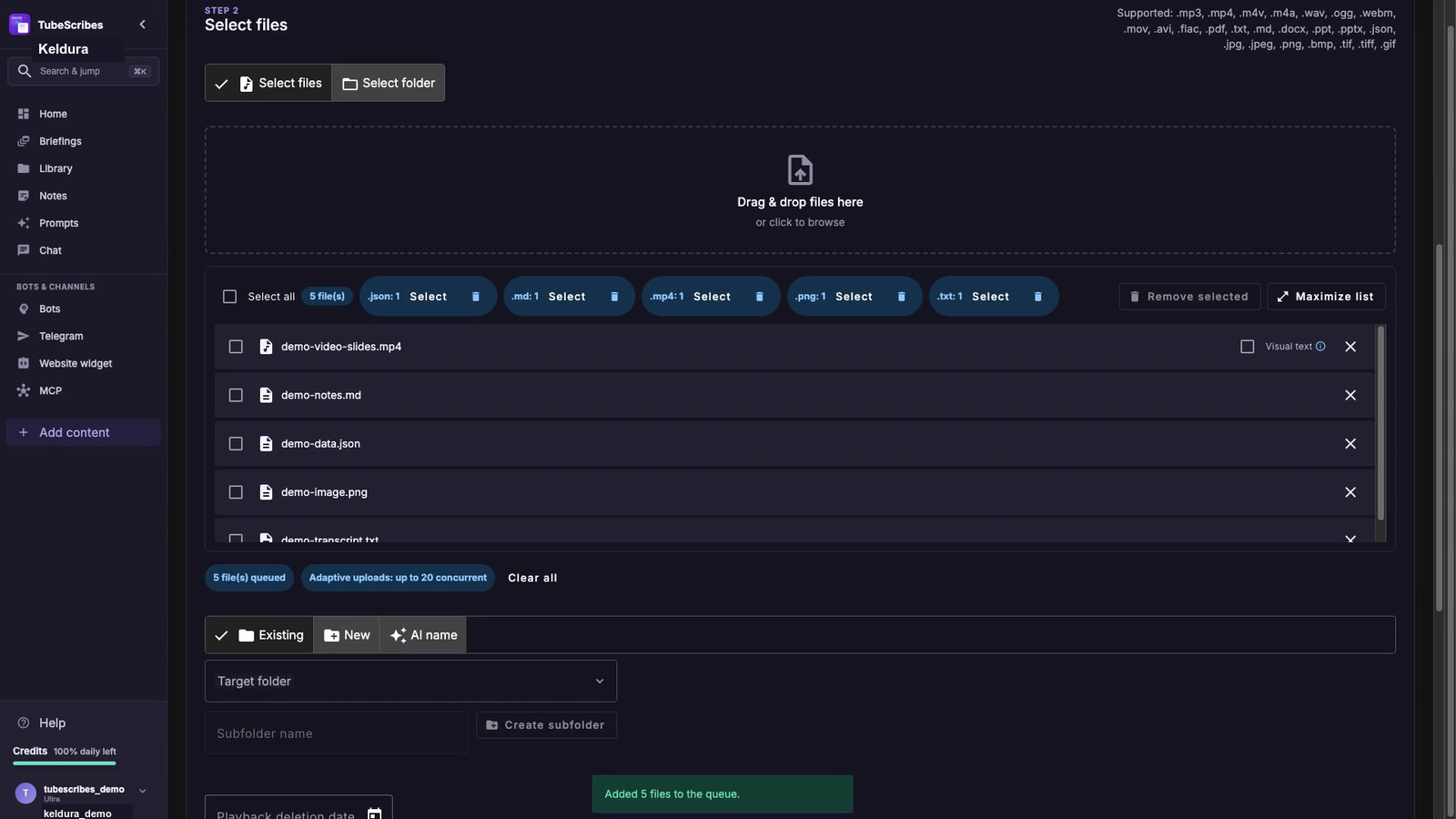Keldura dark-theme bulk import queue with mixed local files selected for processing