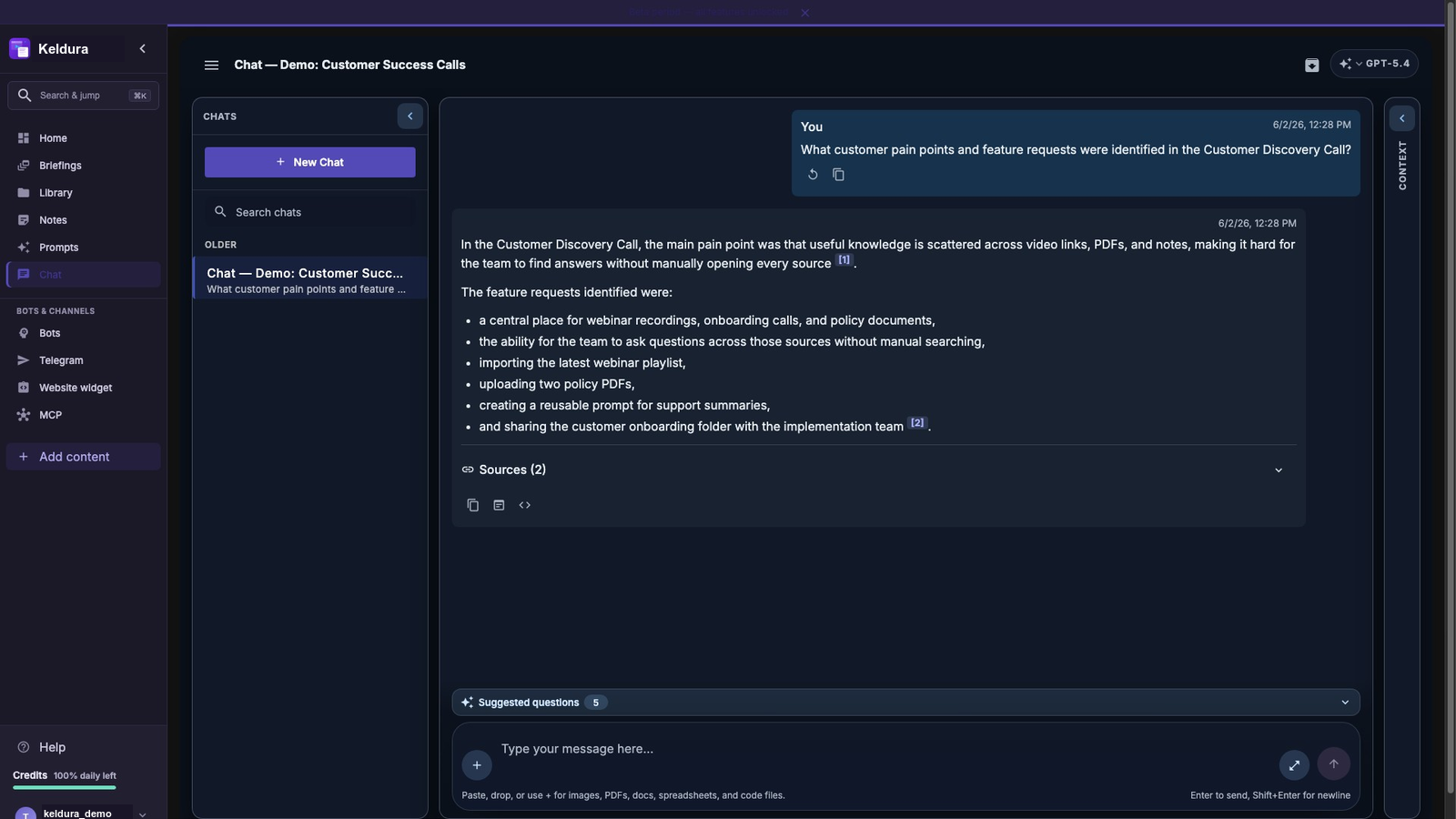Keldura dark-theme cited chat answer with source-backed response and suggested follow-up