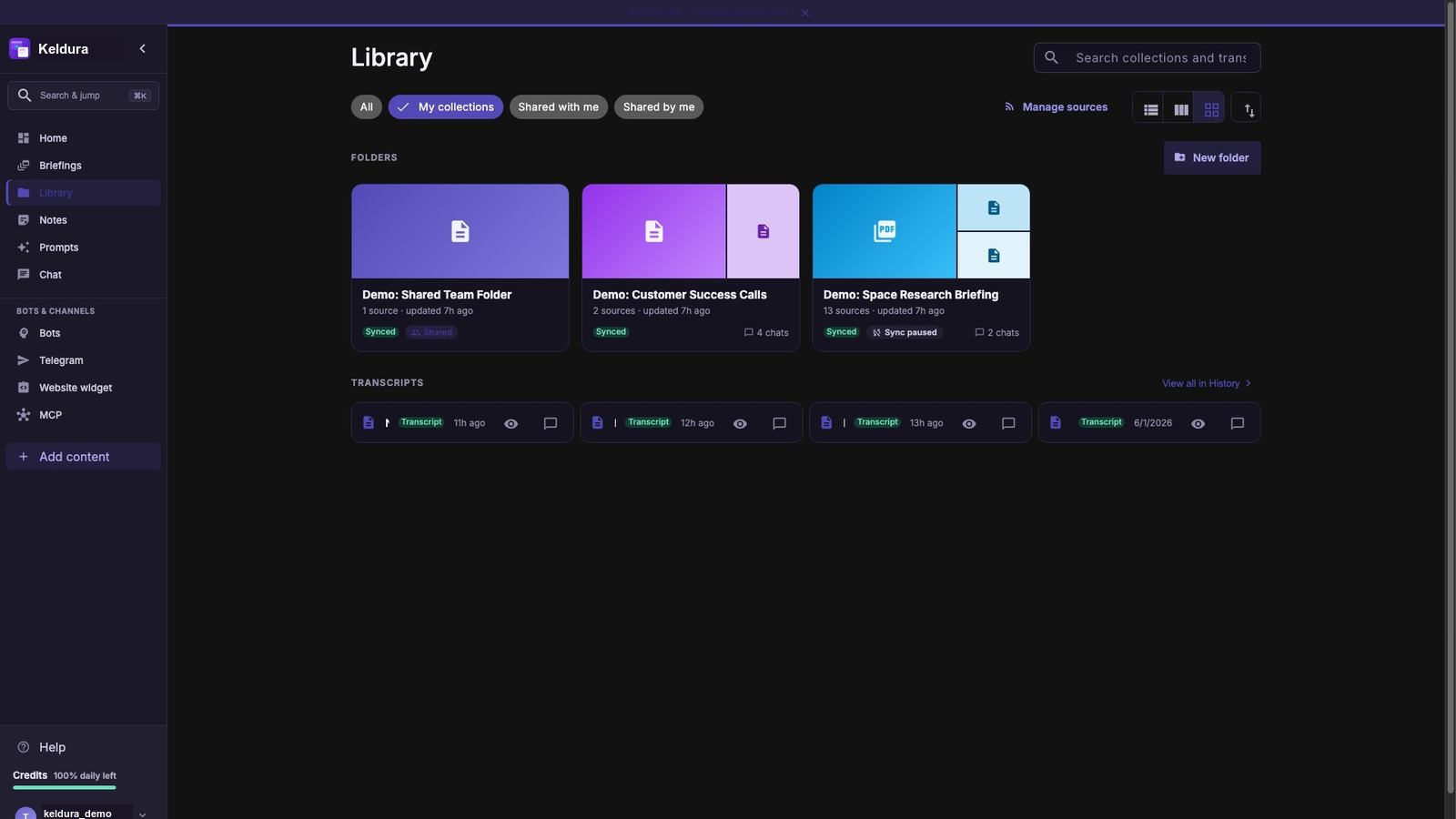 Keldura dark-theme Library with searchable folders and imported sources