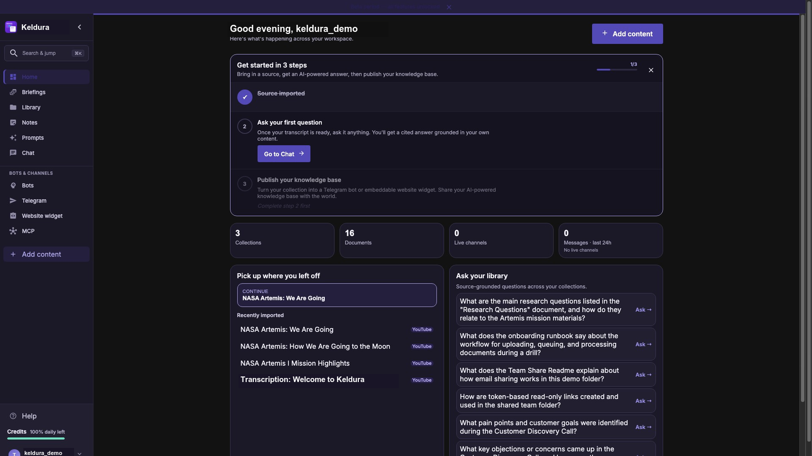 Keldura dark-theme workspace dashboard with add content, source activity, and folder shortcuts