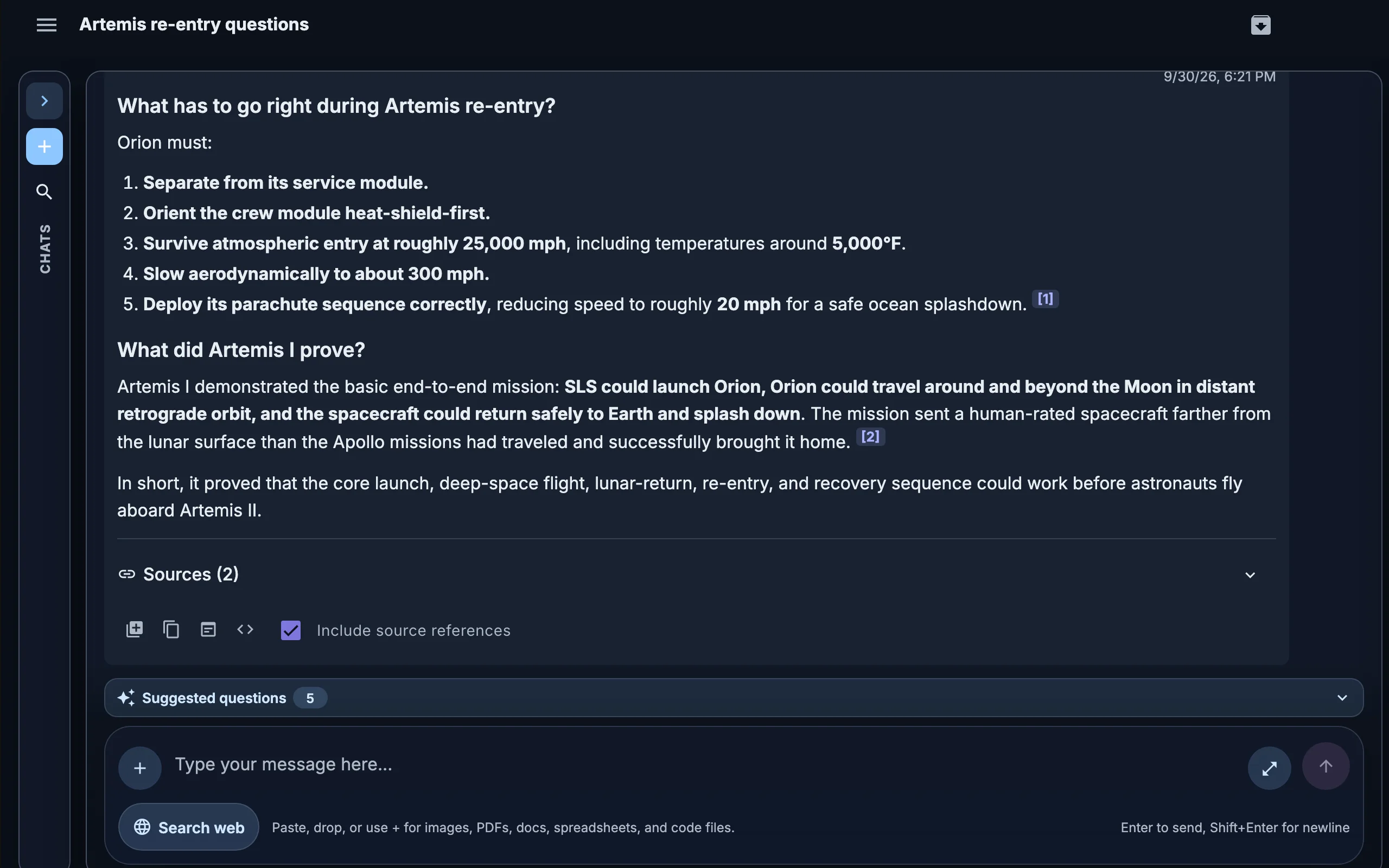 A Keldura chat answer about Artemis re-entry with numbered citations, its sources and suggested questions