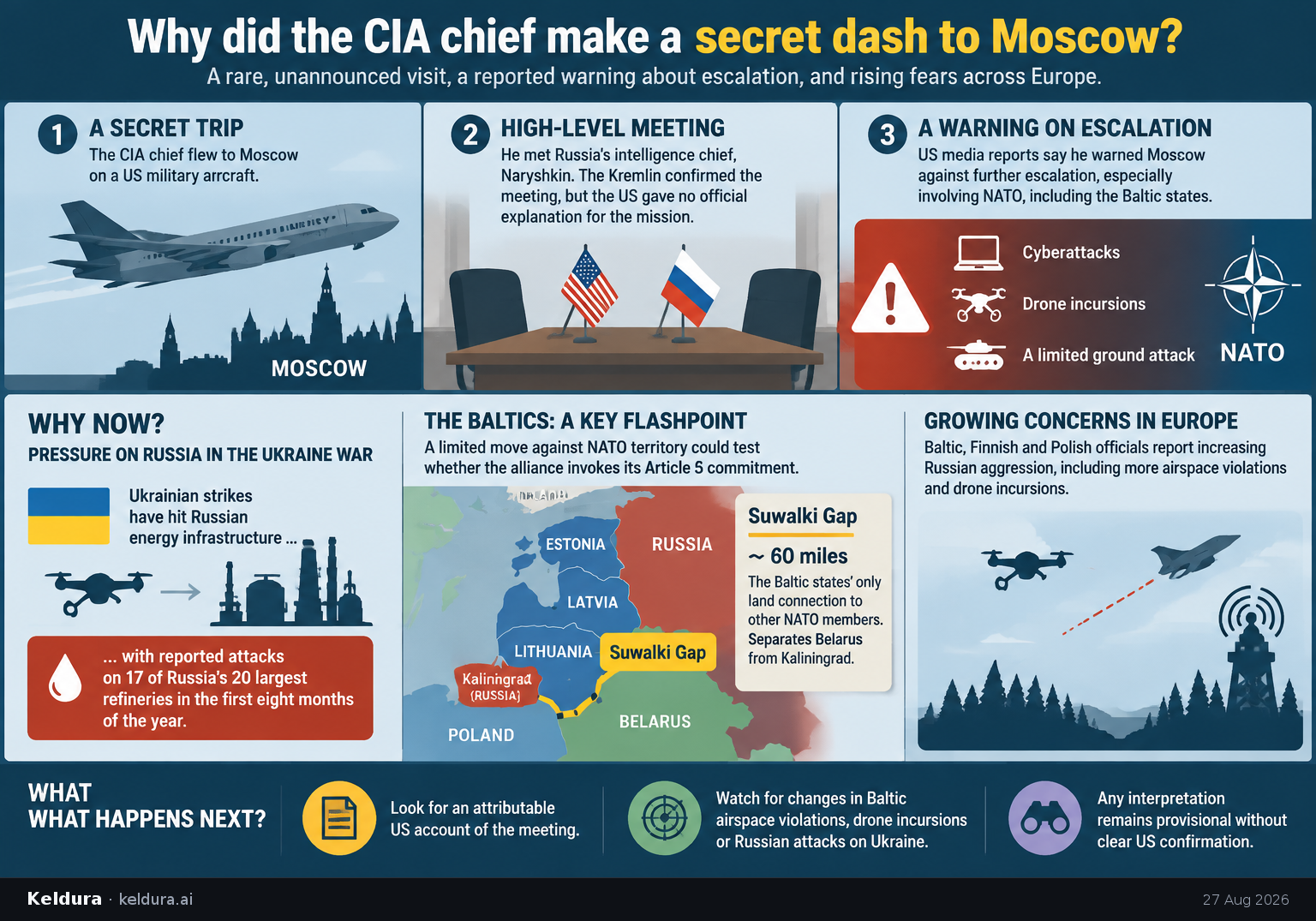 Cheatsheet for Why did the CIA chief make a secret dash to Moscow?. Text equivalent is attached.