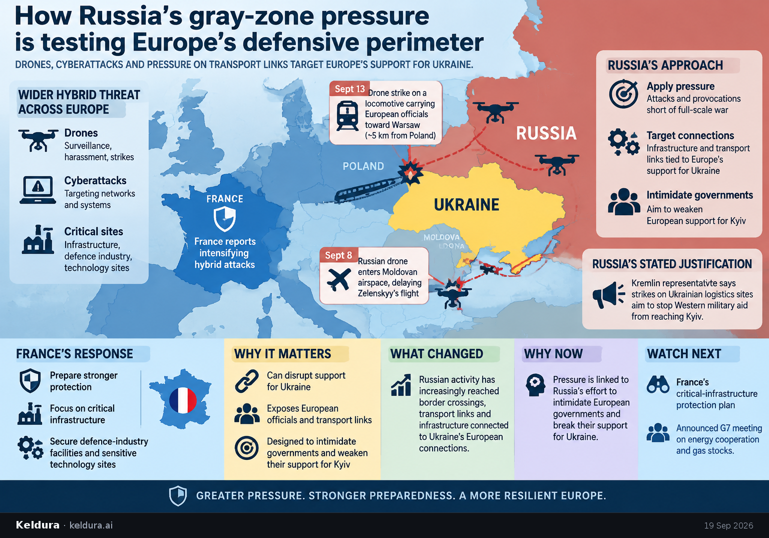 Cheatsheet for How Russia’s gray-zone pressure is testing Europe’s defensive perimeter. Text equivalent is attached.