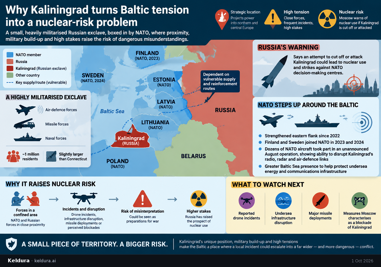 Cheatsheet for Why Kaliningrad turns Baltic tension into a nuclear-risk problem. Text equivalent is attached.