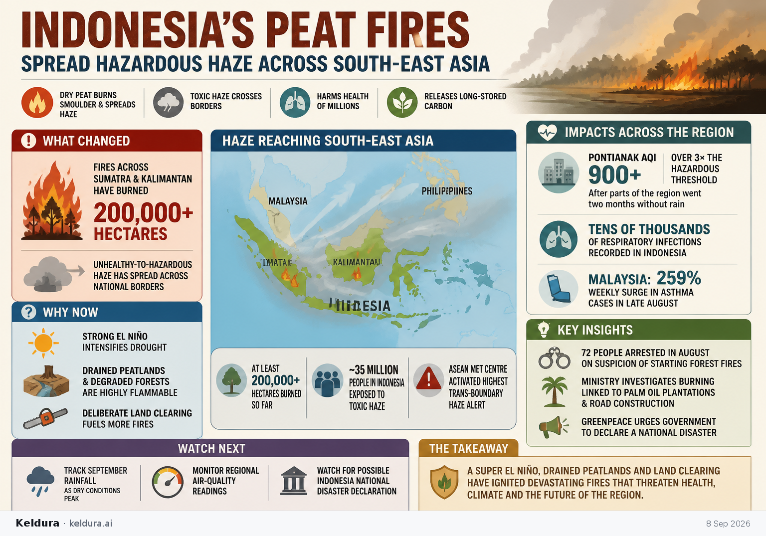 Cheatsheet for Indonesia’s peat fires spread hazardous haze across South-East Asia. Text equivalent is attached.