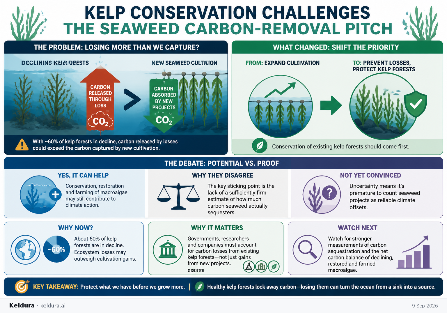 Cheatsheet for Kelp conservation challenges the seaweed carbon-removal pitch. Text equivalent is attached.