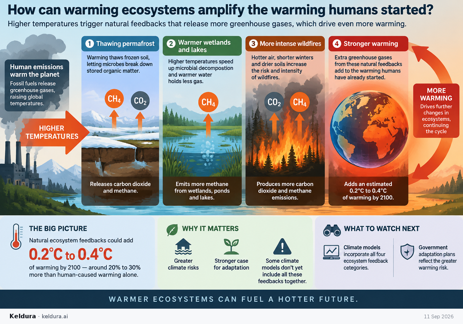 Cheatsheet for How can warming ecosystems amplify the warming humans started?. Text equivalent is attached.