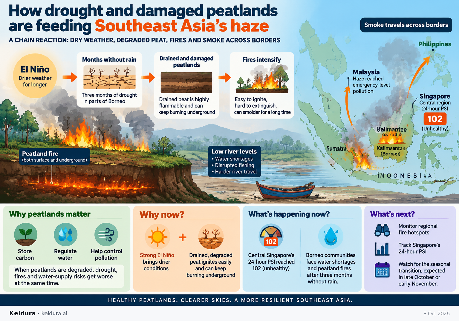 Cheatsheet for How drought and damaged peatlands are feeding Southeast Asia’s haze. Text equivalent is attached.