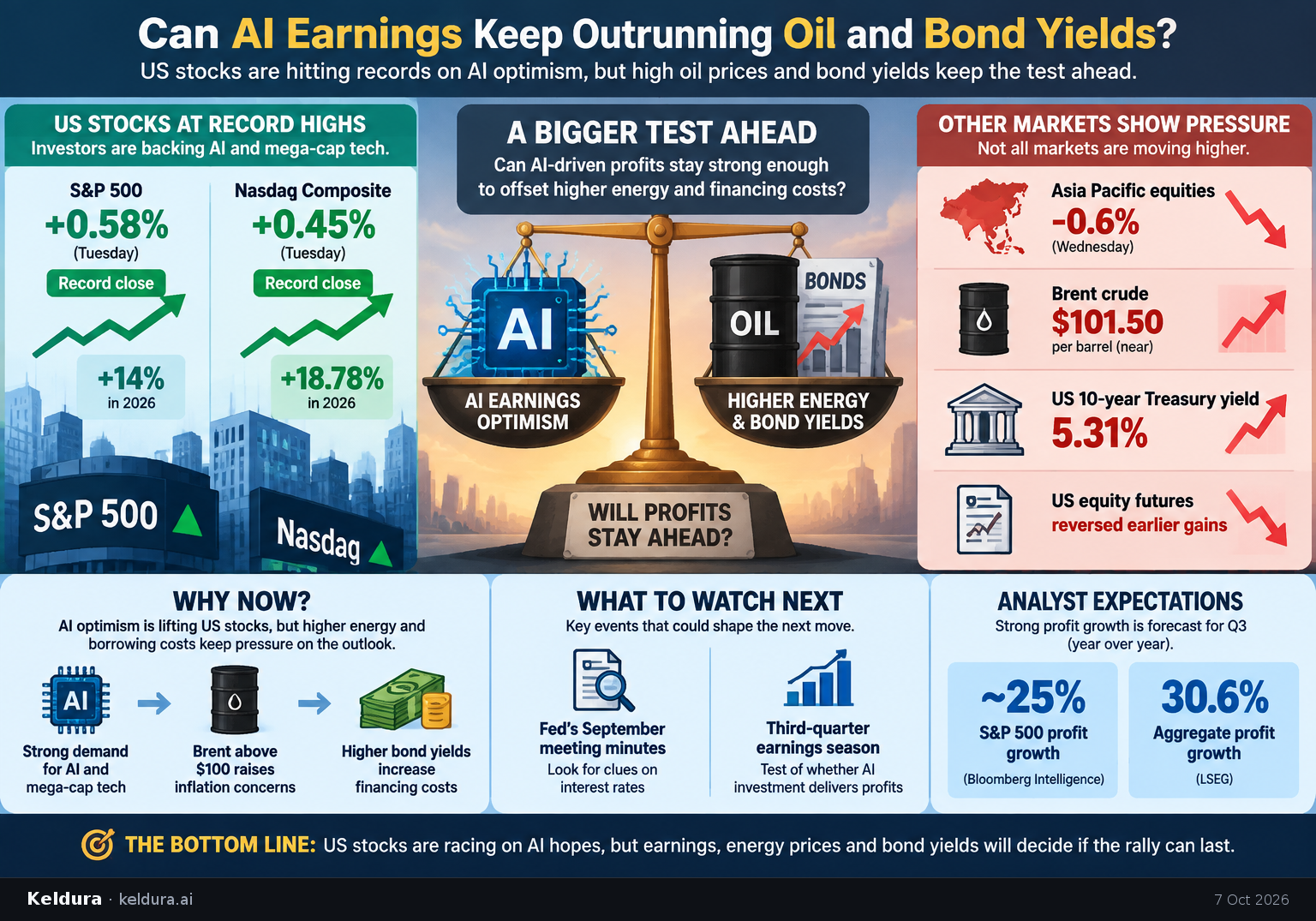 Cheatsheet for Can AI earnings keep outrunning oil and bond yields?. Text equivalent is attached.
