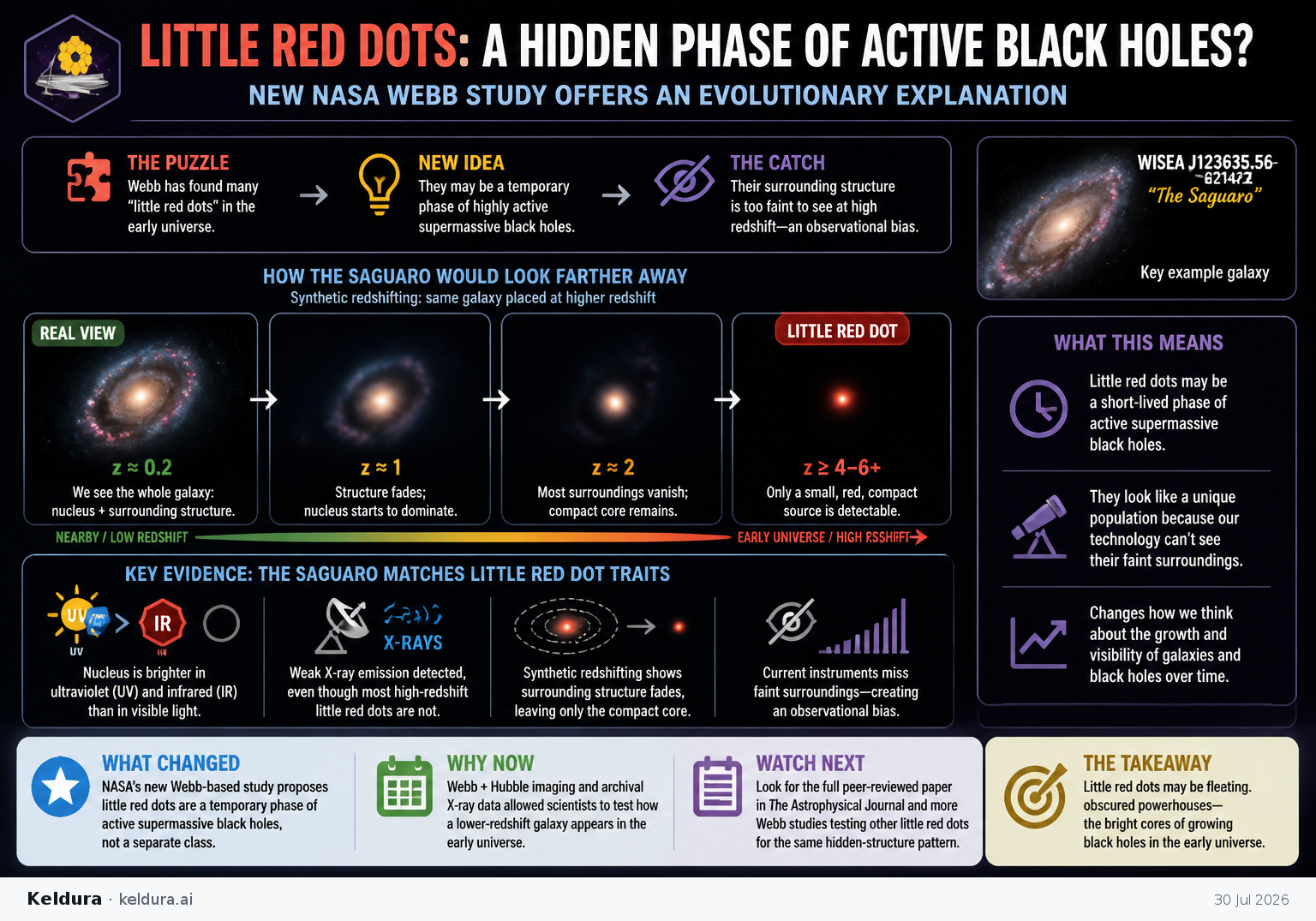 Visual Cheatsheet for NASA Webb study argues some little red dots may be a temporary phase of active black holes. Text equivalent follows.
