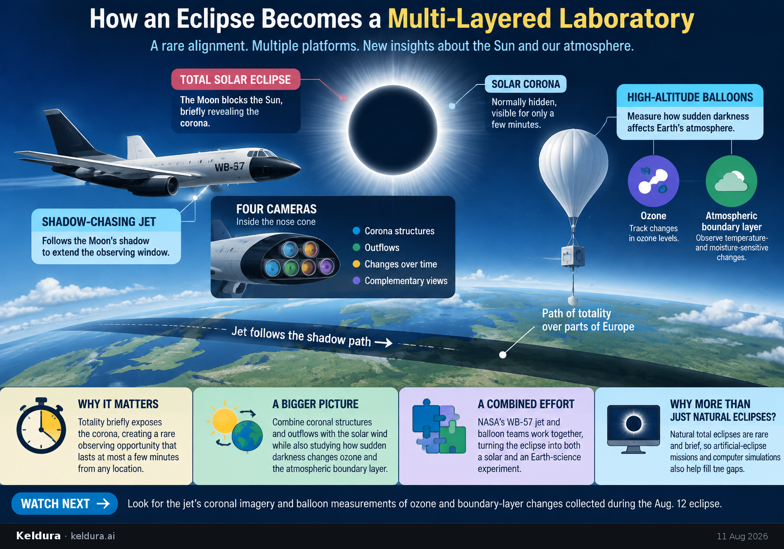 Cheatsheet for How an eclipse becomes a multi-layered laboratory. Text equivalent is attached.