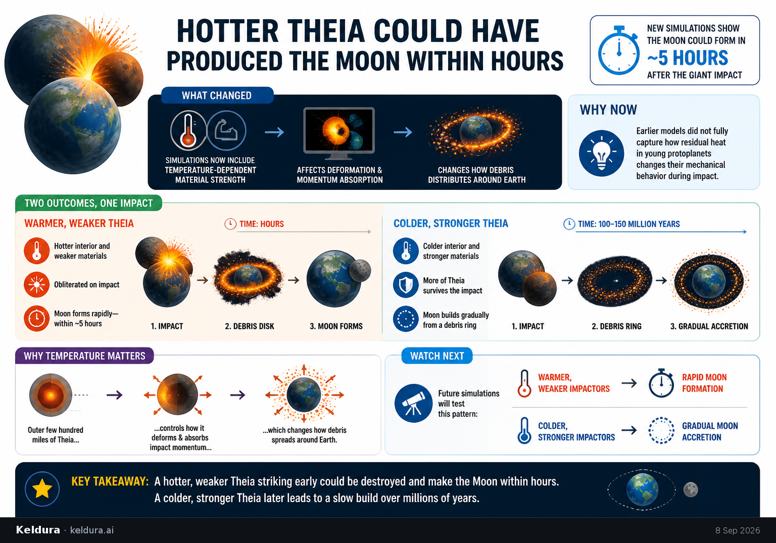 Cheatsheet for Hotter Theia Could Have Produced the Moon Within Hours. Text equivalent is attached.