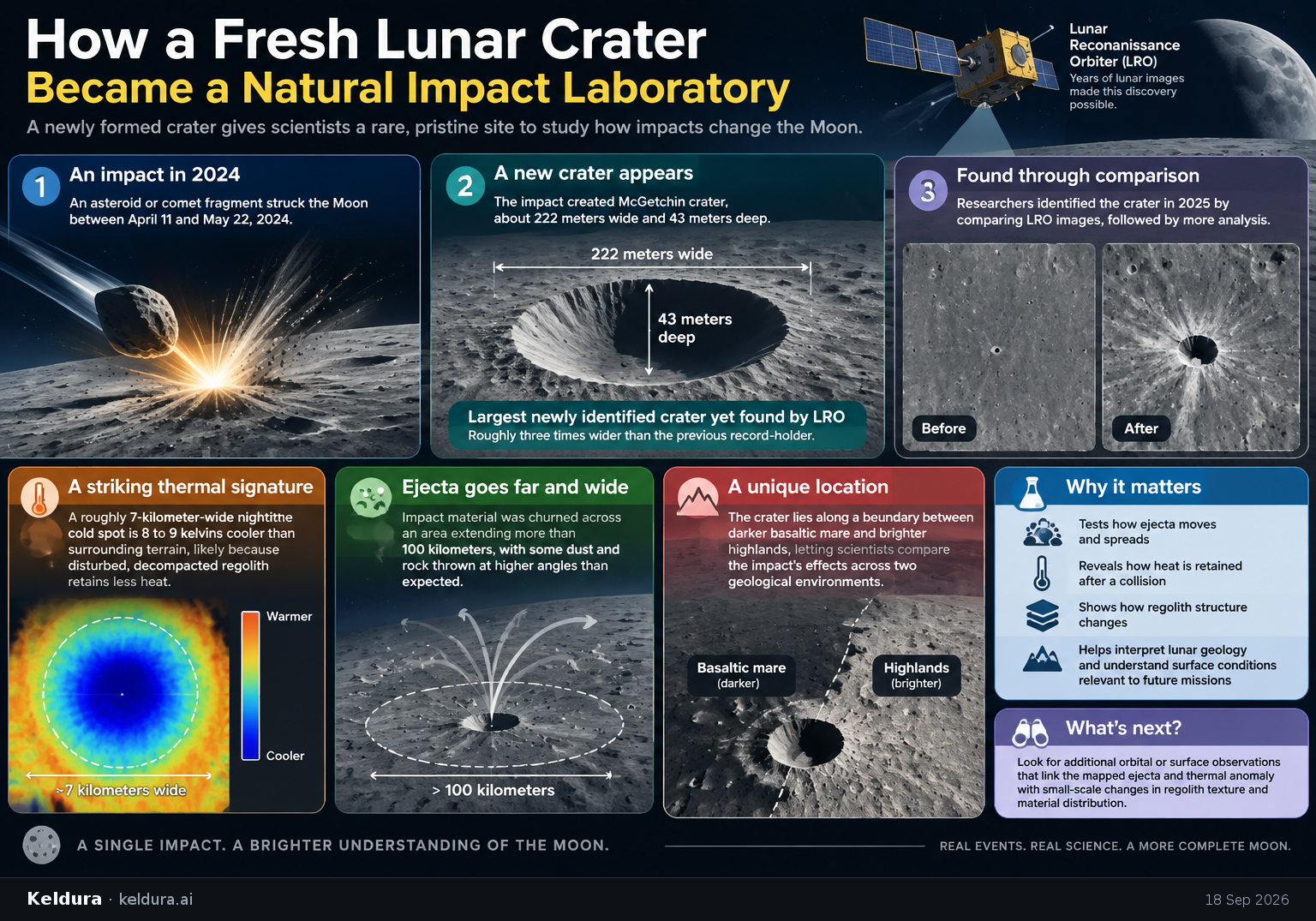 Cheatsheet for How a Fresh Lunar Crater Became a Natural Impact Laboratory. Text equivalent is attached.
