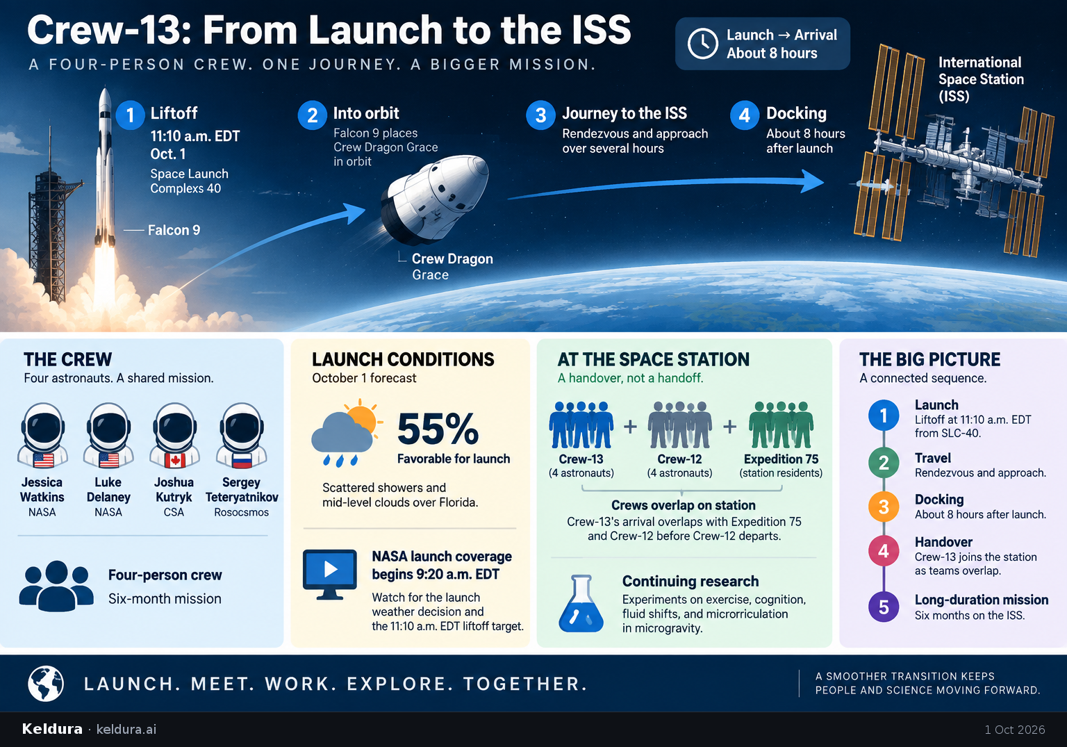 Cheatsheet for What has to happen between Crew-13’s launch and arrival at the ISS?. Text equivalent is attached.