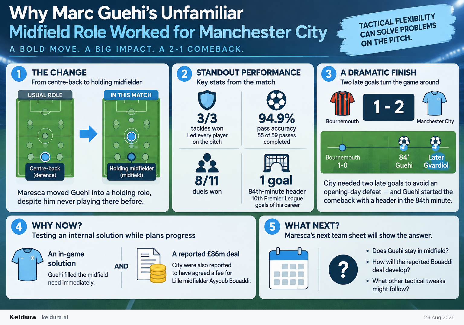 Cheatsheet for Why did Marc Guehi’s unfamiliar midfield role work for Manchester City?. Text equivalent is attached.