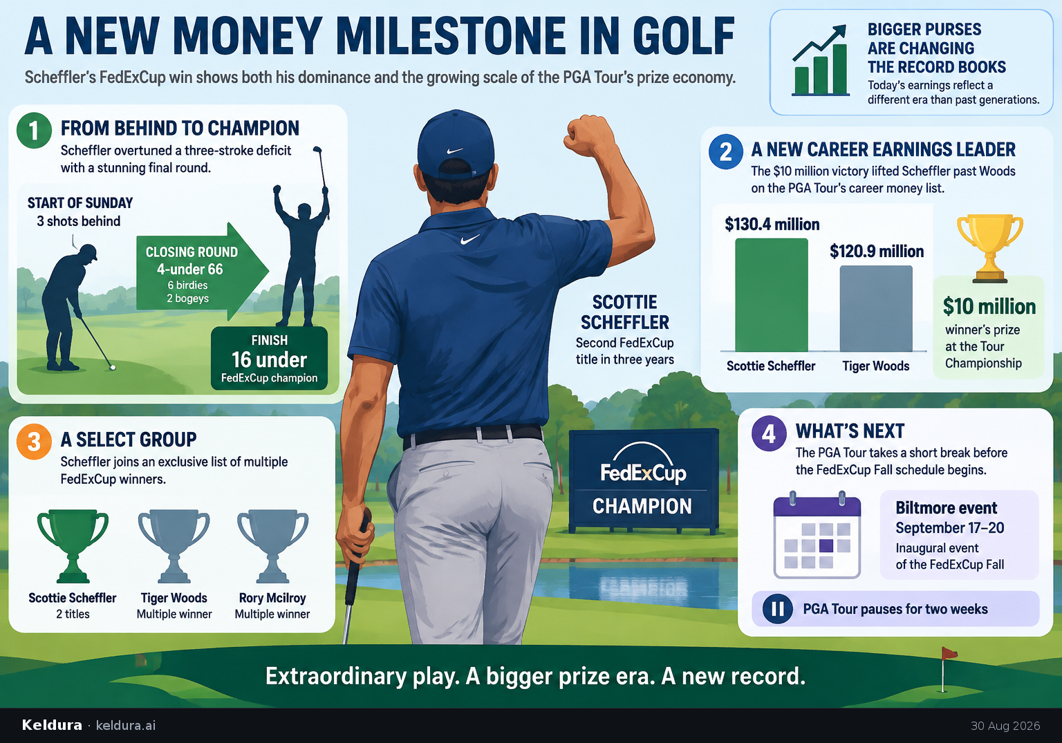 Cheatsheet for What Scheffler’s money record says about golf’s prize economy. Text equivalent is attached.