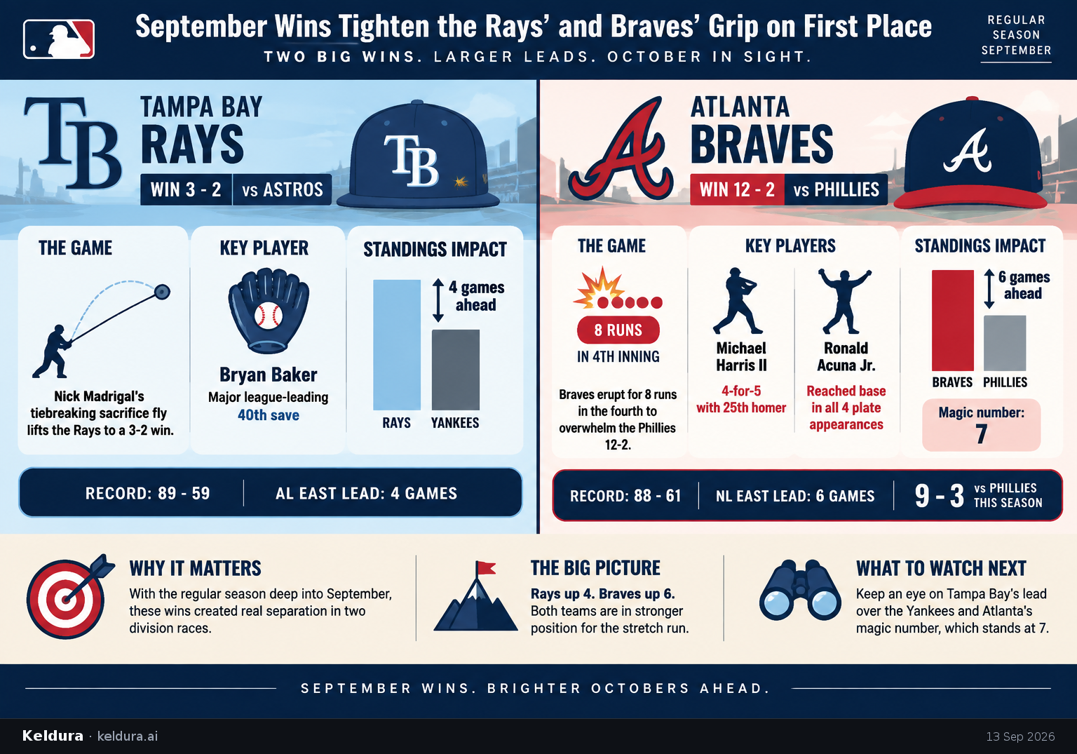 Cheatsheet for How September wins tightened the Rays' and Braves' grip on first place. Text equivalent is attached.