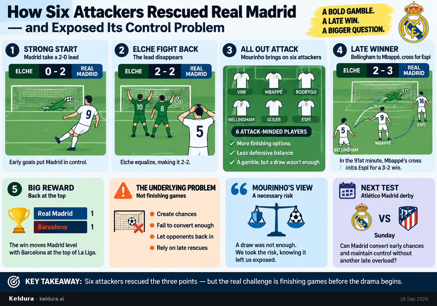 Cheatsheet for How six attackers rescued Real Madrid—and exposed its control problem. Text equivalent is attached.