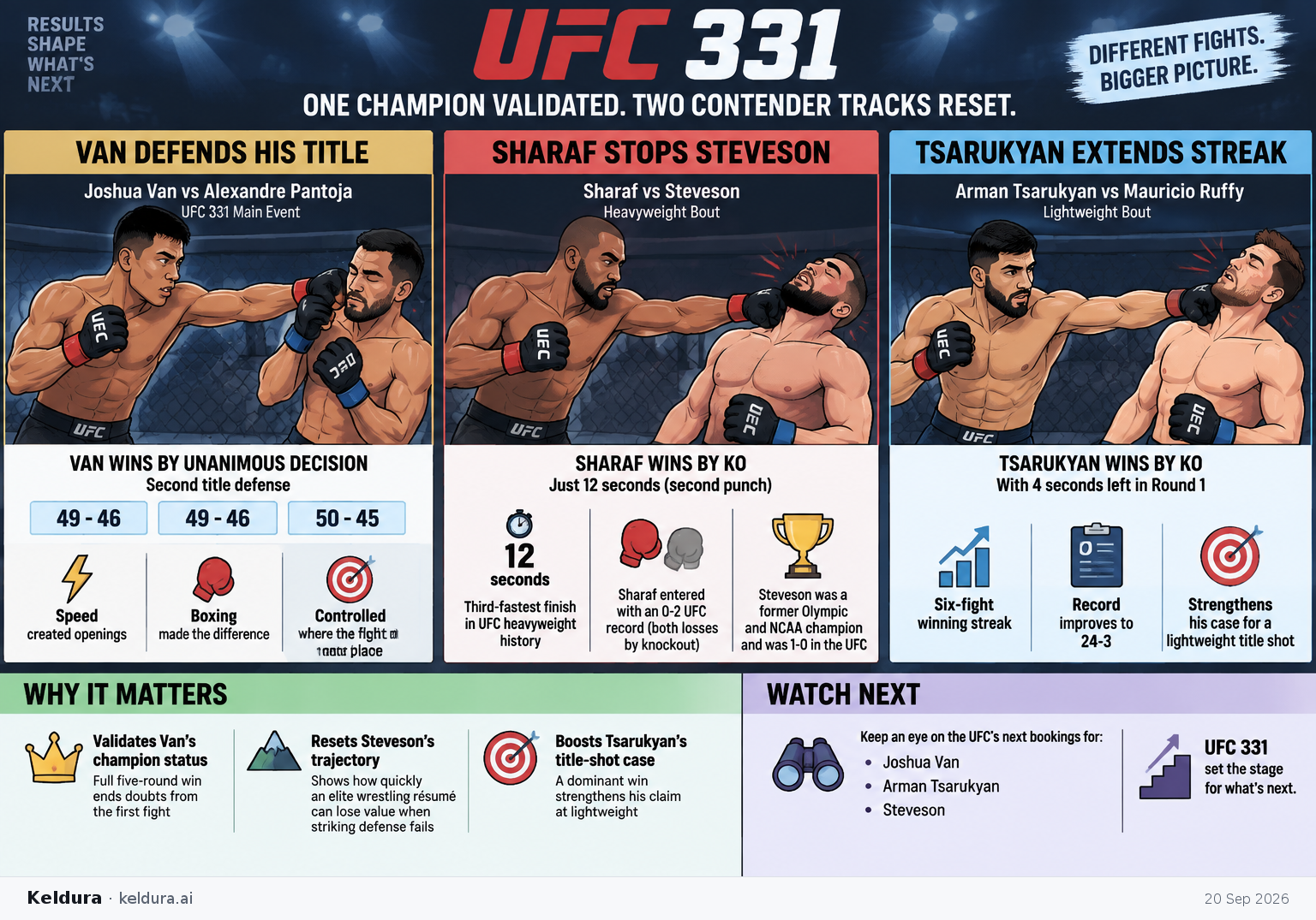 Cheatsheet for How UFC 331 validated one champion and reset two contender tracks. Text equivalent is attached.