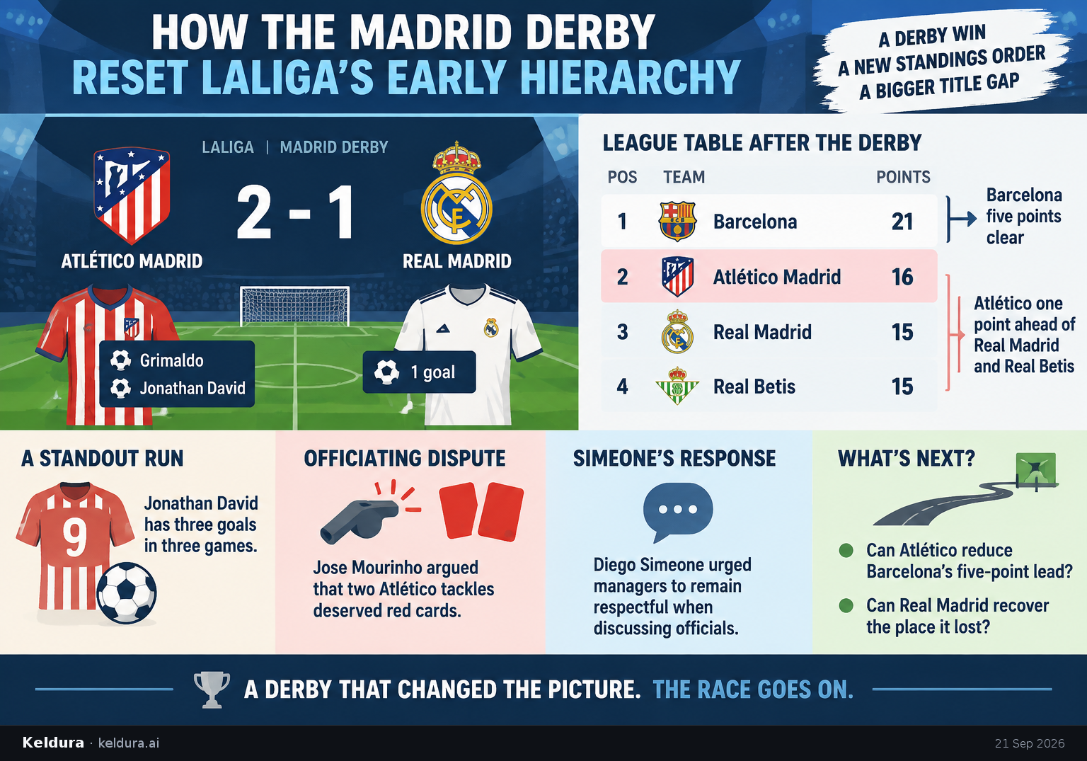 Cheatsheet for How the Madrid derby reset LaLiga’s early hierarchy. Text equivalent is attached.